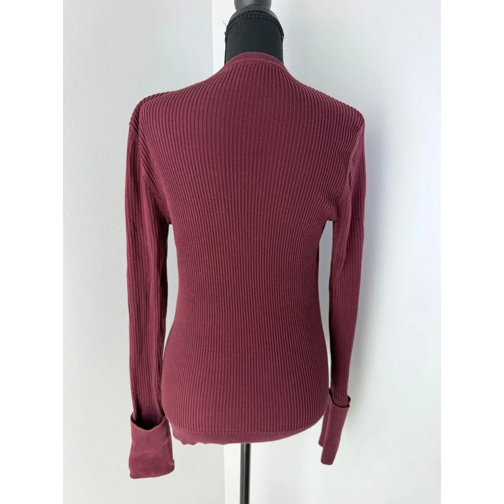 Tory Burch 100% Cotton V-Neck Fitted Cardigan Burgundy Gold Logo Buttons S